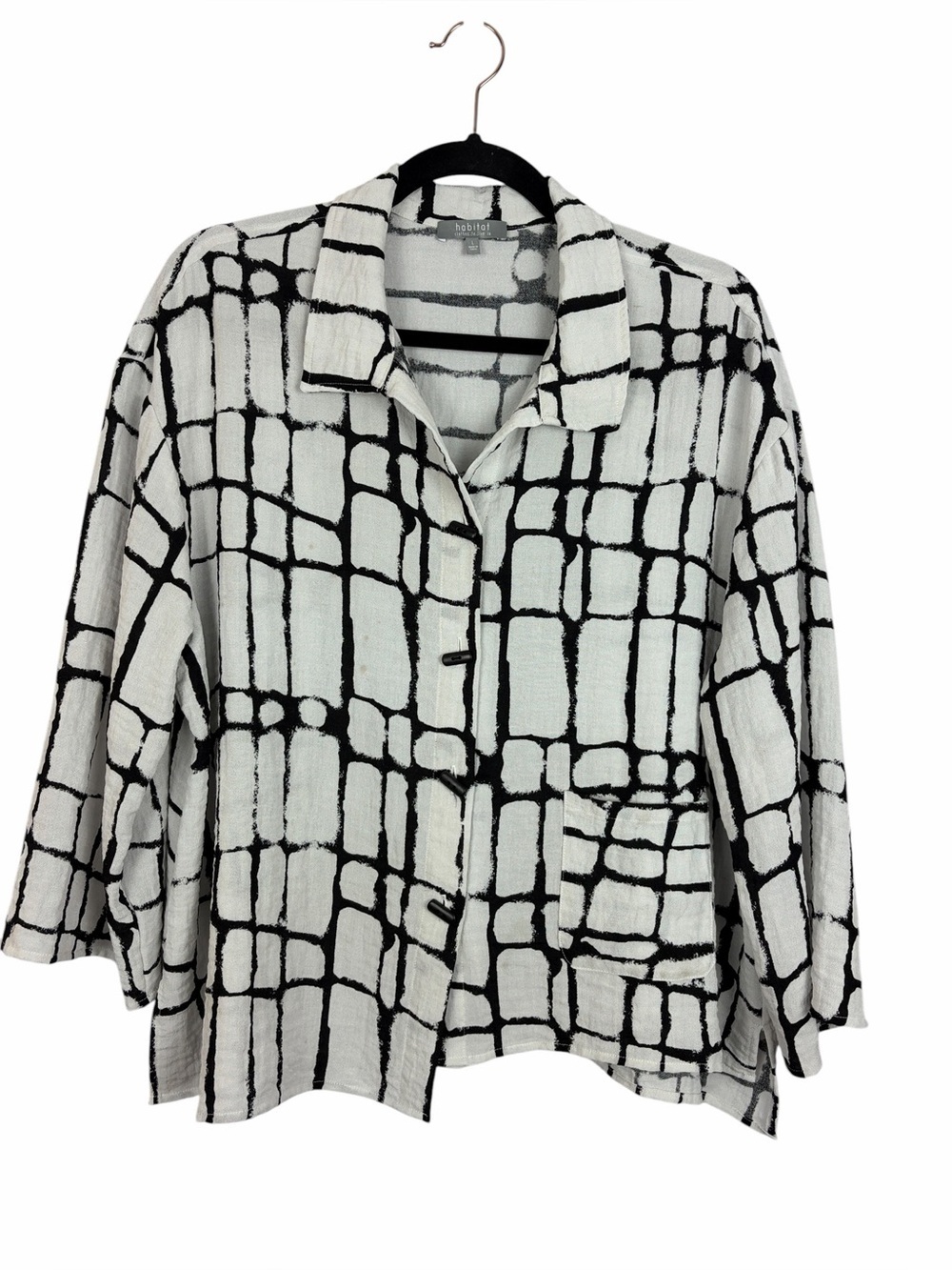 Habitat Black & White Abstract Grid Print Linen Blend Blouse Top Large FLAW